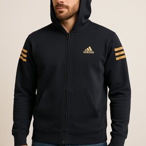Adidas Navy Blue Zip-Up Hoodie with Gold Stripes